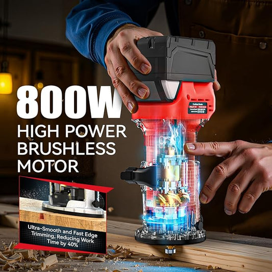 Cordless Compact Router Compatible with Milwaukee Battery, 6 Variable Speeds Router Tool for Woodworking, 800W Fixed Base Wood Router with Trim Router Bits, Bare Tool