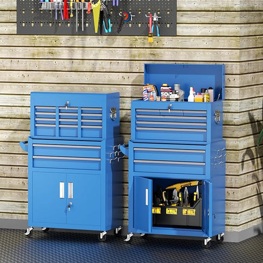 INTERGREAT 8 Drawers Tool Chest, 42'' Large Rolling Tool Chest, Detachable Top Tool Box, and Locking Mechanism, Metal Tool Cart with Liner and 6 Hooks for Garage, Workshop, Blue
