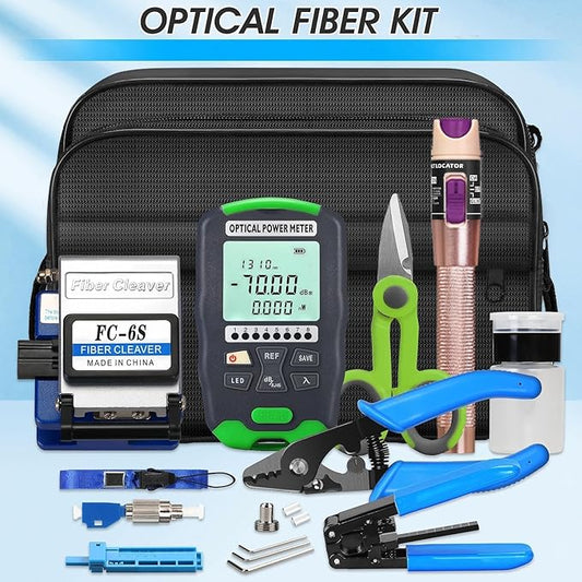 Fiber Optic Termination Tool Kit 10-in-1 Equipped with A-D7 Optical Power Meter (-70 - +10 dBm), FC-6S Fiber Cleaver and Wire Stripping Pliers, Aramid Scissors, Fiber Optic Tool Kit