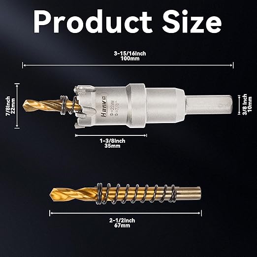 Hole Saw 7/8" (22mm) Heavy Duty Carbide with 2 Pilot Drill Bits - Metal Hole Cutter Cuts Stainless Steel, Iron, Copper, Brass, Plastic