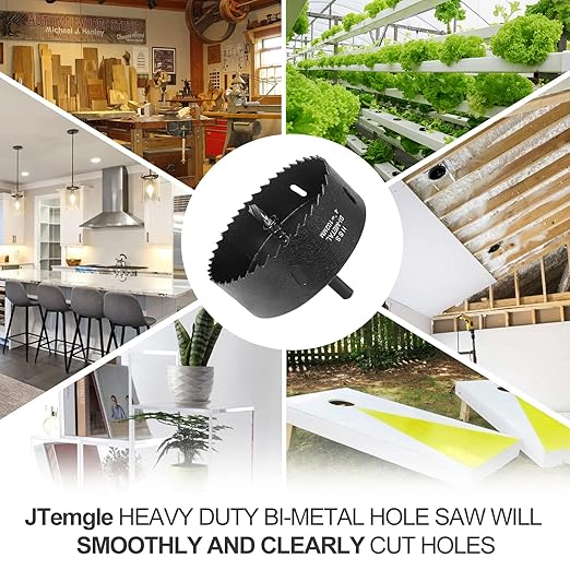 4-1/4 Inch Hole Saw with 3/8" Triangle Shank Quick Change Arbor, JTemgle Bi-Metal Hole Saw Heavy Duty Hole Cutting Tool for Cornhole Boards, Recessed Lights, Wood, Plastic, Drywall & Soft Metal