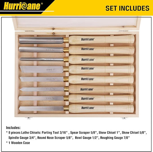 HURRICANE 8pc Wood Lathe Chisel Set with Wooden Box - HSS Wood Turning Tools for Woodworking - Perfect Tools for Precision Cutting and Smooth, Detailed Projects