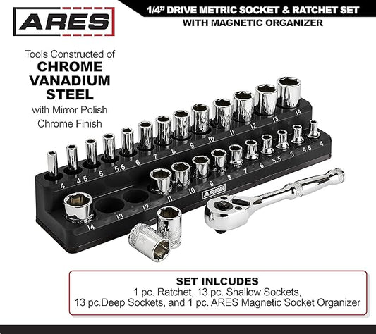 ARES 47003-28-Piece 1/4-inch Drive Metric Socket and 90-Tooth Ratchet Set with Magnetic Organizer - Sizes 4mm to 14mm Deep and Shallow Sockets