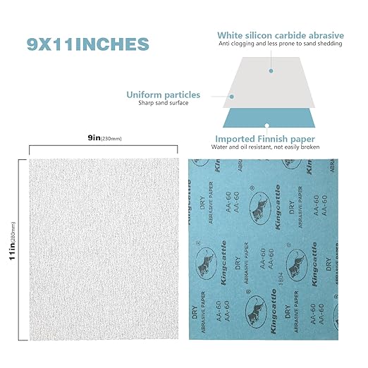 Kingcattle|Multi-Purpose White Sandpaper|60 to 1000 Grit Dry Sanding Paper Combo Pack|55 Sheets 9x11 Inch Sand Paper|Suitable for Sanding and Polishing Wood, Metal, and Painted Surfaces