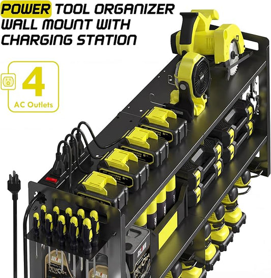 TOPRINCE Large Power Tool Organizer Wall Mount with Charging Station, 3-Tier Heavy Duty Metal Tool Rack with 8 Drill Holders and 6FT Power Strip, Garage Workshop Storage.Black