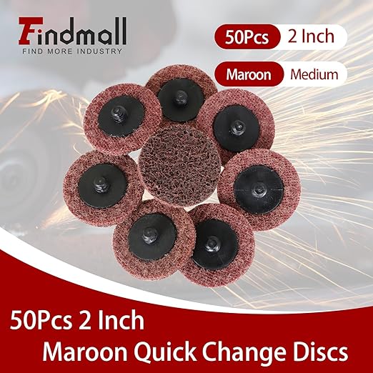 findmall 50Pcs 2 Inch Maroon Quick Change Surface Prep Conditioning Discs, Medium Grit for Cleaning, Finishing and Deburring on All Metals