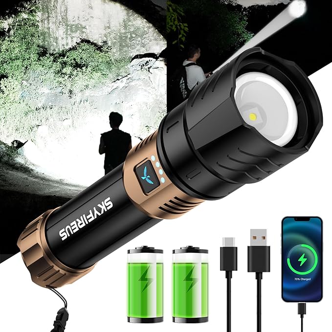 SKYFIRE Rechargeable Flashlight High Lumens,Super Bright Flashlight,Zoomable,Four Modes,Waterproof LED Flash Light for Camping Essentials,Outdoor and Home Emergencies-8000mAh