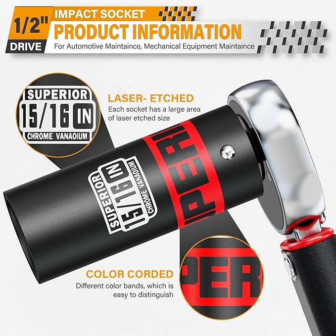 1/2" Drive Impact Socket, 15/16 inch Deep Socket, SAE, 6 Point, CR-V, for Car Repair, Loosen the Fastening Nut