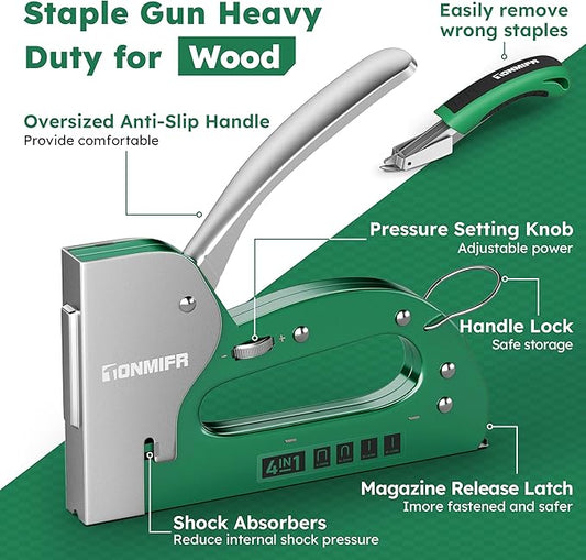 Tonmifr Heavy Duty 4 in 1 Staple Gun Larger Size, Effortless Operation - 1080째 Force Adjustment, Stapler Gun for Upholstery, Carpentry, Wood, Fabric, Furniture, Wall & DIY with Remover & 4000 Staples