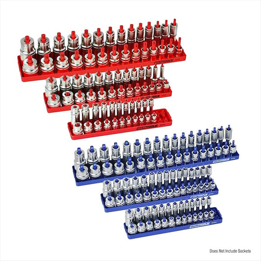 OEMTOOLS 22237 6 Piece SAE and Metric Socket Tray Set, SAE and Metric Socket Storage for Sizes 1/4", 3/8?? and 1/2" Drive, Socket Holders and Socket Organizer Tray for Toolbox, Red and Blue