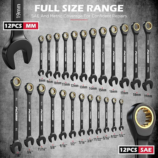 Premium 24-Piece Ratcheting Wrench Set, SAE & Metric Combination Wrenches, 8??9mm & 1/4 ??/8 inch, 72-Tooth CR-V Steel with Durable Black Finish, Ratchet Spanners with Roll-Up Tool Pouch for Repair