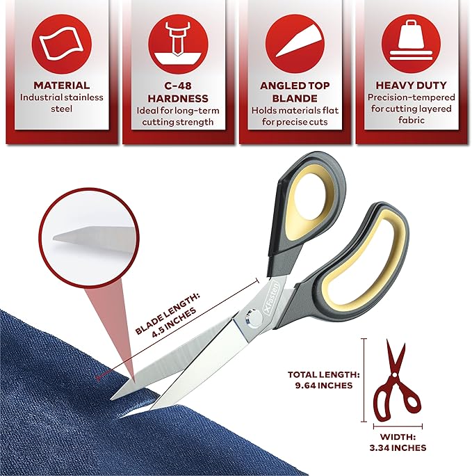 XFasten Sewing Scissors for Fabric Cutting Yellow 9.5 Inch Premium Professional Fabric Scissors Sewing | Large and Heavy duty