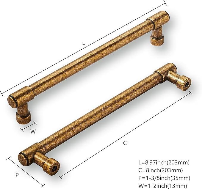 khtumeware 6 Pack 8 Inch(203mm) Vintage Antique Brass Cabinet Pulls Kitchen Cabinet Hardware for Cupboard Drawer Handles Dresser Pulls