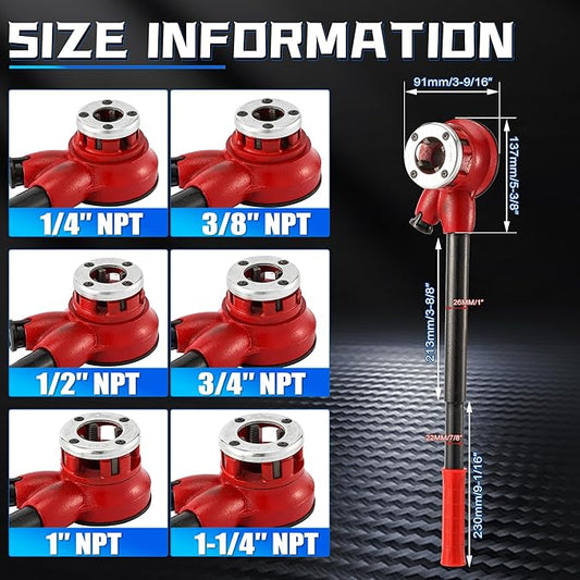 Pipe Threader Ratchet Kit竊?Manual Ratcheting Pipe Threading Tool Set with 6 NPT Dies (1/4" 3/8" 1/2" 3/4" 1" 1-1/4"),Portable Pipe Threading Tool Set for Galvanized Aluminum Iron Copper Pipes