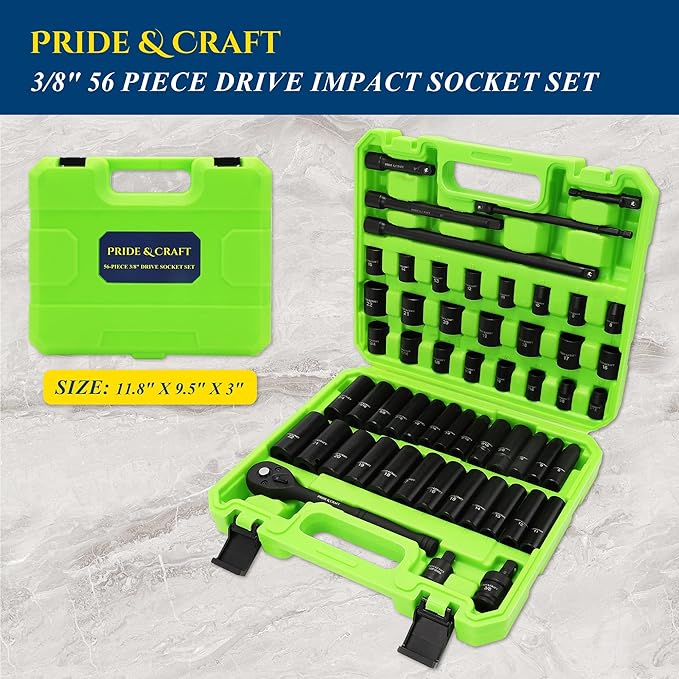 PRIDE&CRAFT 3/8" 56-Piece Impact Driver Socket Set, SAE (9/16 to 3/4 inch) and Metric (8-22mm) Sizes with Adapters, Extension Bars, Universal Joint, Torque Wrench, One Set for All, Gift for Him
