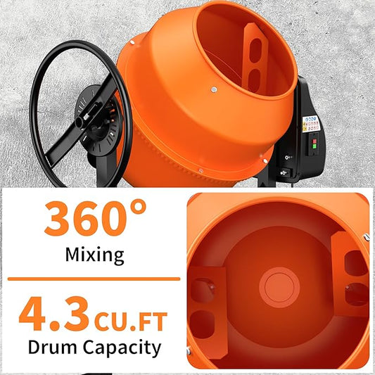 Electric Concrete Mixer, 4.3 Cubic Ft, 3/5HP. 450W Portable Concrete Mixer Machine with Stand & Wheels for Stucco, Mortar, Seeds, Orange-2026 Upgraded