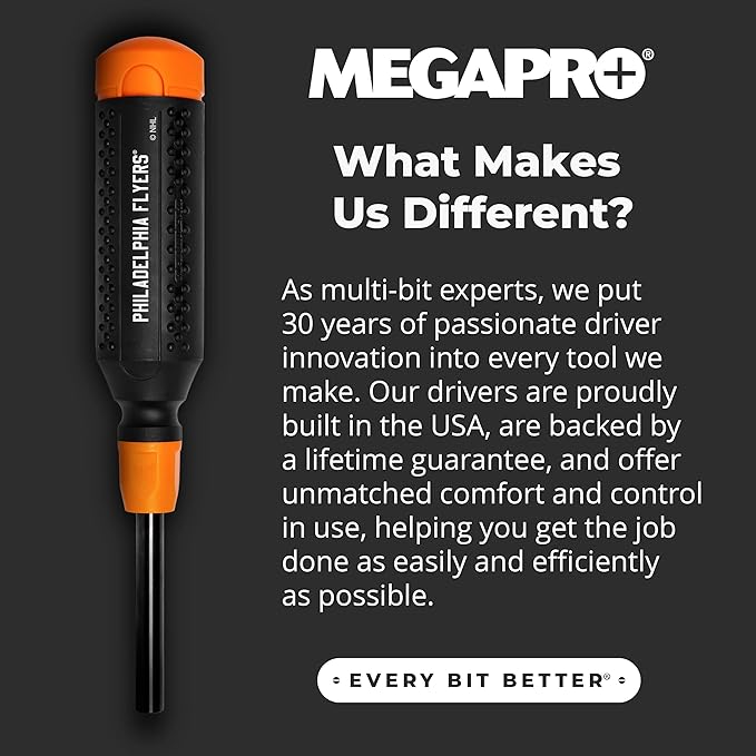 MEGAPRO짰 NHL짰 Team Edition Multi-bit Screwdriver | Officially Licensed NHL짰 Gear | Durable, Ergonomic, Pro-Grade Screwdriver (Philadelphia Flyers짰)