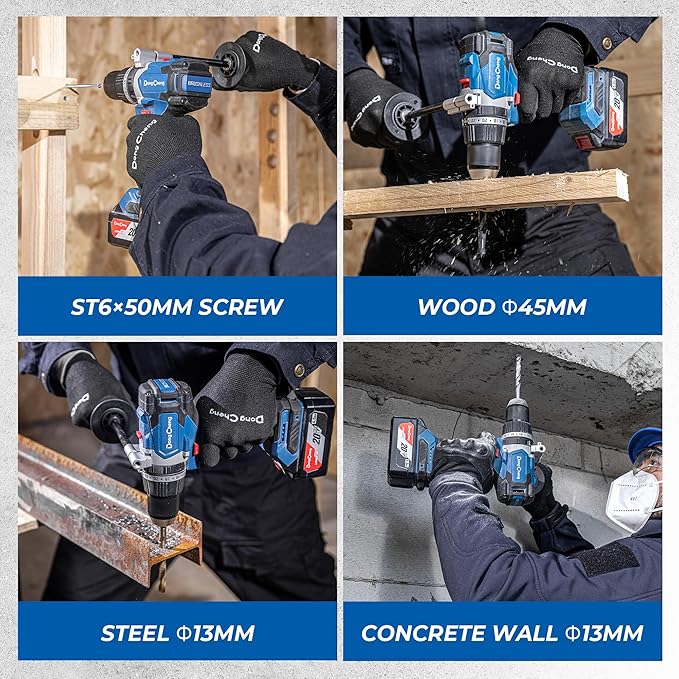 Dong Cheng 20V Brushless Hammer Drill Bare Tool, 1062 in-lbs, 1/2" Keyless Metal Chuck, 24+1+1 Clutch, Cordless Hammer Drill with 4.0Ah Battery Kit for Drilling Brick Wall, Metal, Wood (Bare Tool)