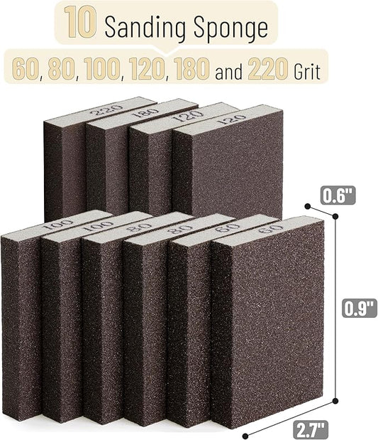 Bates- Drywall Sanding Blocks, 10 Pack, 60/80/100/120/180/220 Grit Assortment, Drywall Sanding Sponge for Wood, Washable & Reusable