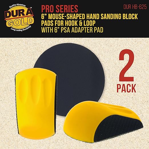 Dura-Gold Pro Series 6" Mouse-Shaped Hand Sanding Block Pad for Hook & Loop and PSA 6" DA Sanding Discs, 2 Pack - 2-Way Adapter Pad to Use PSA Sandpaper - Automotive Car Sand Woodworking Furniture
