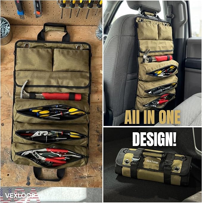 Heavy-Duty Tool Roll Bag Organizer Aluminium Clasp | Ultra Thick & Puncture Resistant Mechanic Roll tool Bag for Truck, Jeep & Car | Large Capacity Overland Gear Storage | Roll Up Tool Bag Organizer