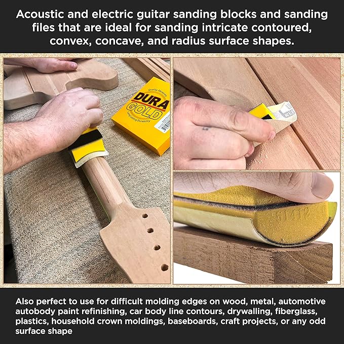 Dura-Gold Luthier Acoustic Guitar Master Woodworker Hand Sanding Block Set with 40 Sheet Hook & Loop Sandpaper Kit - Music Radius Repair Tools, Convex & Concave Profile Shapes, File Sticks - Sand Wood