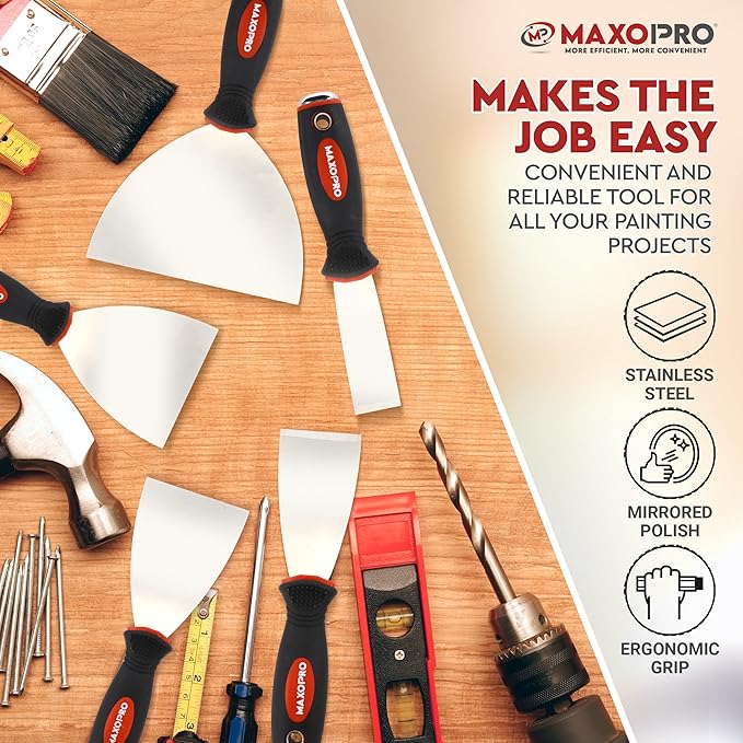 Professional Putty Knife Set Stainless Steel ??5Pcs Durable Putty Knife Scrapers for Drywall Spackle, Filing, Paint Scraping ??Puddy Knife Wall Repair Kit with Ergonomic Non-Slip Handle