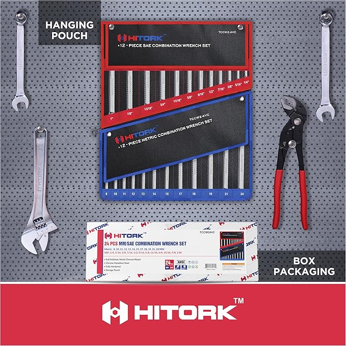Hitork 24-Piece Combination Wrench Set, SAE (1/4"??") & Metric (8??4mm), Cr-V Steel, Mirror Chrome Finish, 12-Point Box End, 15째 Offset, with Roll Pouch ??Ideal for Home, Garage & Auto Repair