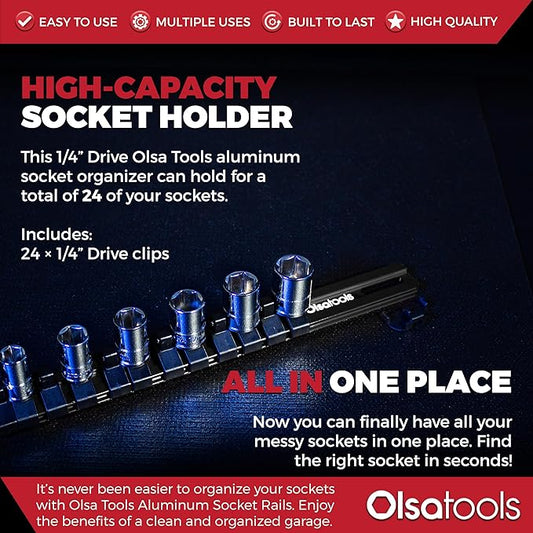 Olsa Tools 1/4-Inch Drive Aluminum Socket Organizer with Locking End Caps | Professional Quality Socket Holder (BLACK)