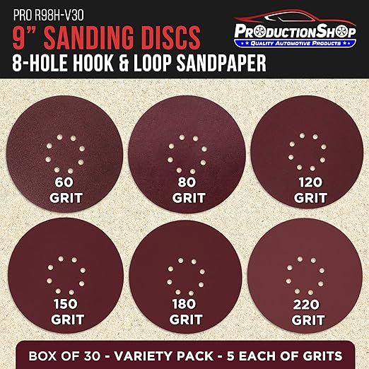 Premium 9" Red 8-Hole Pattern Sanding Discs, 30 Disc Variety Pack, Grits 60, 80, 120, 150, 180, 220 - Dustless Hook & Loop Backing Sandpaper for Drywall Power Sander, Woodworking Paint