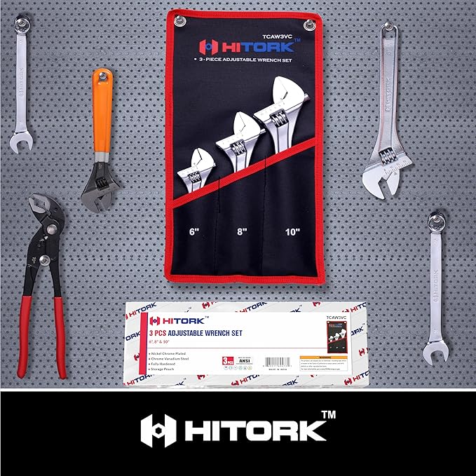 Hitork 3-Piece Adjustable Wrench Set 6-Inch, 8-Inch, 10-Inch, Chrome-Plated Cr-V Steel, Wide Opening Jaws, Laser Etched SAE & Metric Scale, Polished Head, Smooth Knurl, Roll Pouch Included