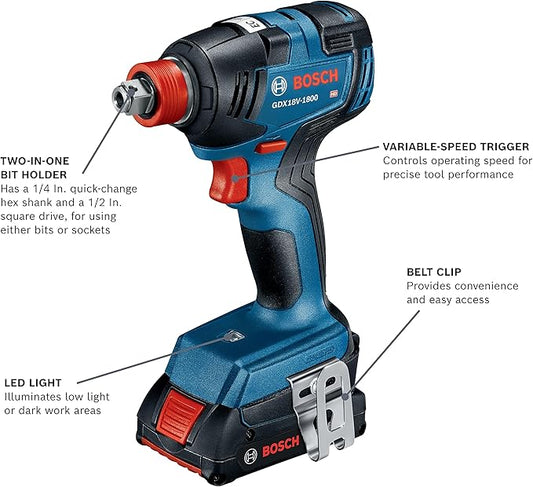 BOSCH GXL18V-601B25 18V 6-Tool Combo Kit with 2-In-1 Bit/Socket Impact Driver, Hammer Drill/Driver, Reciprocating Saw, Circular Saw, Angle Grinder, Floodlight and (2) CORE18V 4 Ah Compact Batteries