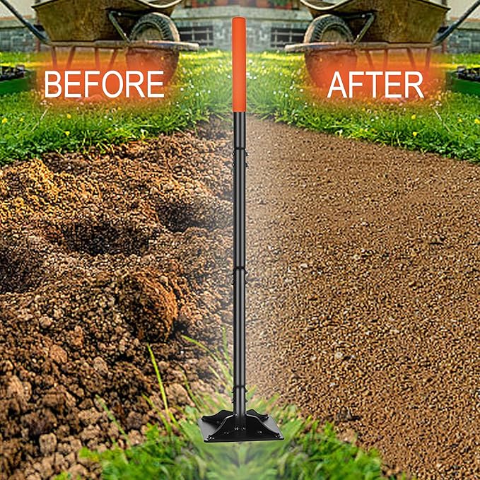 Steel Tamper 8in횞8in, 45in Long-Handled Hand Tamper with Rubber Grip, Durable Ground Tamper, Ideal for Leveling Garden Soil, Gravel, as Well as Laying Floor Tiles and Repairing Blacktop