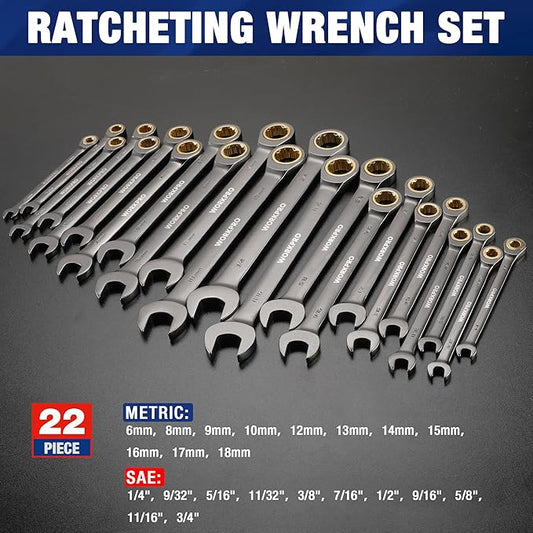 WORKPRO 22-Piece Ratcheting Wrench Set, Ratchet Combination Wrench Sets with Organizer Box, Nickel Plating, 72 Teeth, Metric 6-18mm & SAE 1/4-3/4"