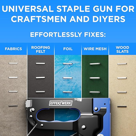 E?줨erk - 5-in-1 Staple Gun Set - Heavy-Duty Stapler w/ 1500 Staples & Staple Remover for Wood, Fabric, Carpet & Wire Mesh - Hand Tacker w/Power Adjustment for Construction, Crafts & Upholstery Work