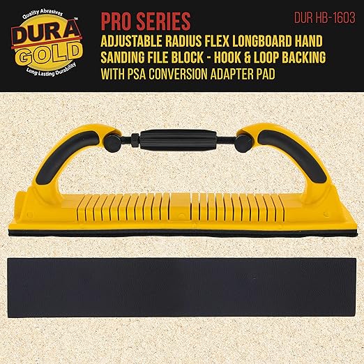 Dura-Gold Pro Series Adjustable Radius Flex Longboard Hand Sanding File Block with Both Hook & Loop Backing and PSA Backing Conversion Adapter Pad, Use Continuous Rolls or Sandpaper Sheets, Auto, Wood