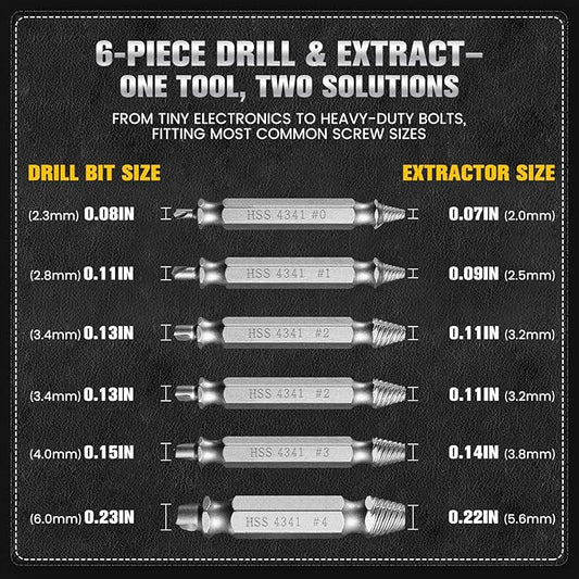 6-Piece Damaged Screw Extractor Set, #0 - #4, Easy Out Left Hand Drill Bits & Spiral Flute Extractors for Broken, Stripped, Rusted Bolts in Metal, Wood, Automotive, Gifts for Men
