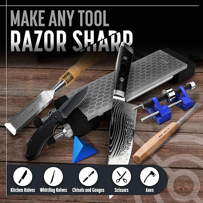 Schaaf Tools Diamond Whetstone Knife Sharpener Complete Kit - Coarse 325/ Fine 1200 Grit, Diamond Sharpening Stone with Non-Slip Base, Chisel Honing Jig & Angle Guide for Knives & Woodworking Tools