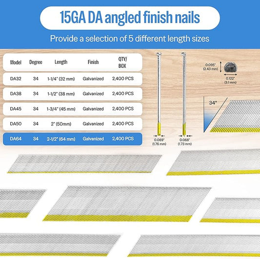meite 15 Gauge Finish Nails 2-1/2 Inch 34 Degree Angled Nails for Pneumatic Electric Finish Nailer Gun, Galvanized No-Rust Finishing Nail for Cabinet Crown Baseboard Door Trim, DA Series 2,400 PCS