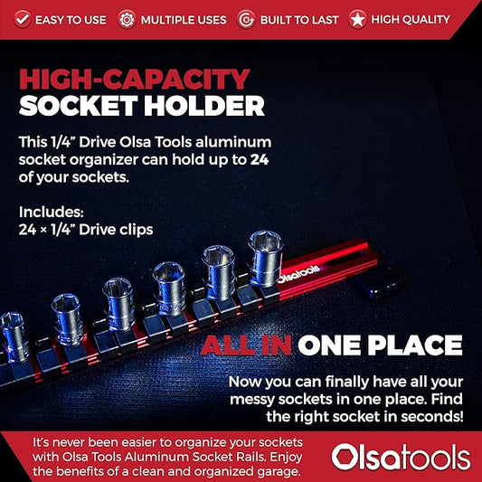 Olsa Tools Socket Organizer (1/4-Inch Drive, Red) - Socket Organizers for Mechanics - Socket Holder and Socket Rail - Holds 24 Chrome or Impact Sockets - Professional-Grade - Part: 1010