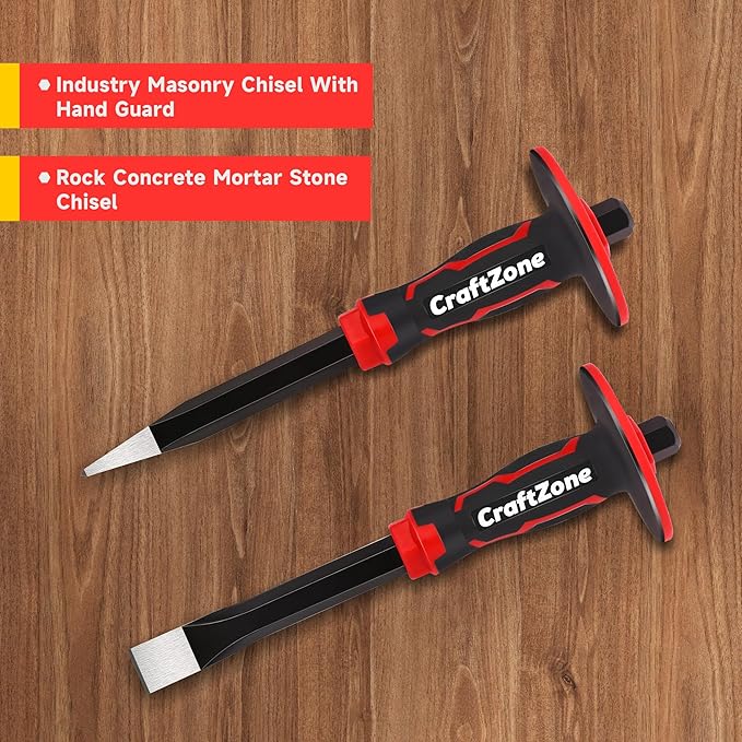 Masonry Chisel Set - 2-Piece Heavy Duty Pointed & Flat Rock Chisels, Concrete Stone Chisel with Hand Protection for Brick Breaking Carving Splitting Cutting Mason Tools