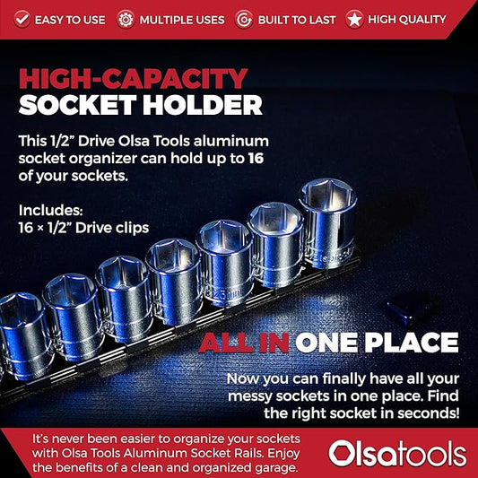 Olsa Tools Socket Organizer - 1/2-Inch Drive Socket Holder Rail - Black Aluminum Rail Stores 16 Impact or Chrome Sockets -Professional Grade Metric or SAE Socket Organizer - Part: 1022