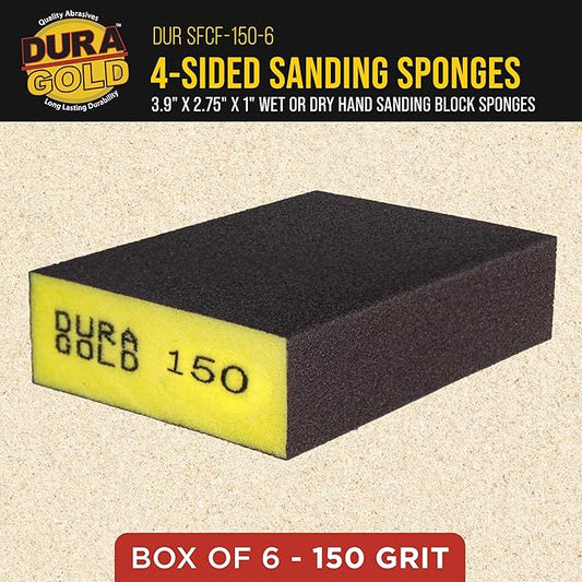 Dura-Gold 150 Grit 4-Sided Hand Sanding Block Sponges, Box of 6 - Performance Flex 3.9" x 2.75" x 1" Wet or Dry Flexible Sandpaper Abrasive Brick Pads, Reusable - Sand Wood, Drywall, Metal, Auto Paint