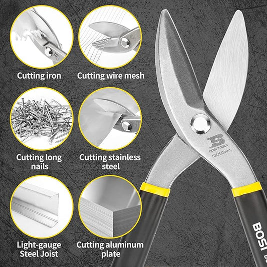 10 Inch Straight Pattern Tin Snips Metal Cutters, High Strength Forged and Heat Treated Carbon Steel with Comfortable Black Rubber Handle