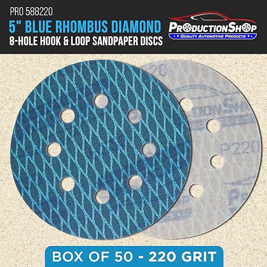 Premium 220 Grit 5" Rhombus Diamond Shape Blue Sanding Discs, 8-Hole, Box of 50 - Hook & Loop Anti-Clogging J-Cloth Dustless Sandpaper for Random Orbital Sanders, Sand Auto Paint, Wood