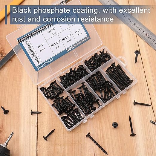 #8 Modified Truss Head Black Wood Screws Assortment Kit, 132 pcs, Phillips Drive, Wood Screws, Screws, Screws Assortment, Screws Set, 6 Sizes (1/2?? 3/4?? 1?? 1-1/4?? 1-1/2?? 2?? (Black)