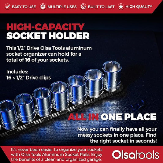 Olsa Tools 1/2-Inch Drive Aluminum Socket Organizer with Locking End Caps | Professional Quality Socket Holder (BLACK)