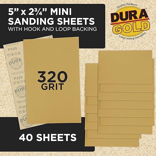 Dura-Gold Premium 5" x 2.75" Gold Sandpaper Sheets, 320 Grit (Box of 40) - Hook & Loop Backing, Wood Furniture Woodworking, Auto Paint - for Palm Sanders, Clip-On, Hand Sanding Blocks