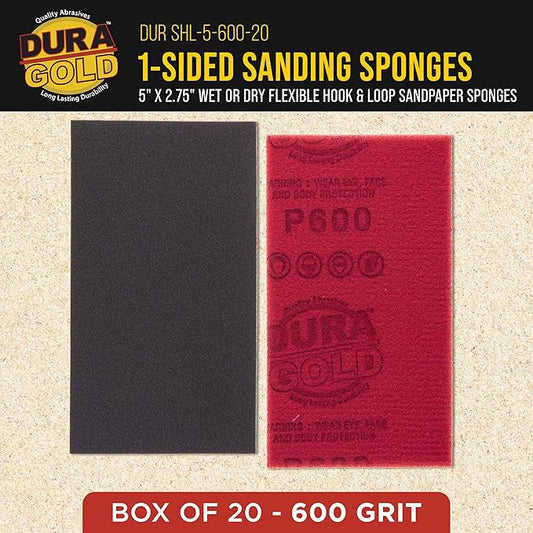 Dura-Gold 600 Grit 5" x 2-3/4" Sanding Sponges, Box of 20 - Performance Hook & Loop Wet or Dry Flexible Sandpaper Sponge Pads - for Hand Sanding Blocks, Palm Sanders - Polish Metal, Auto Paint, Wood