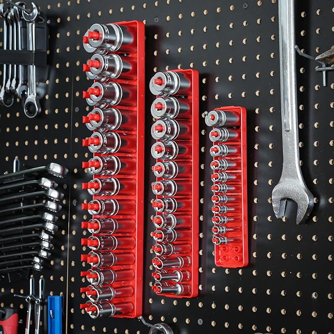 OEMTOOLS 22413 6 Piece SAE and Metric Socket Tray Set, SAE and Metric Socket Storage for Sizes 1/4", 3/8?? and 1/2" Drive, Socket Holders and Socket Organizer Tray for Toolbox, Red/Grey
